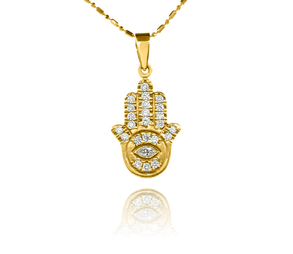 Small diamond Handsa pendant in 14K yellow gold, symbol of protection