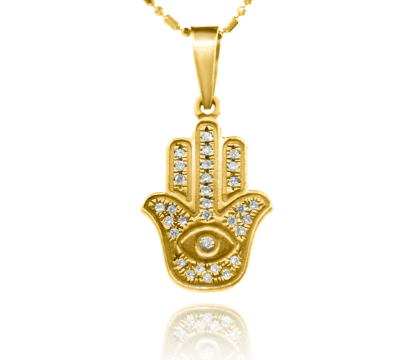 14K Yellow Gold Hamsa Pendant with Diamond – Symbol of Protection and Luck
