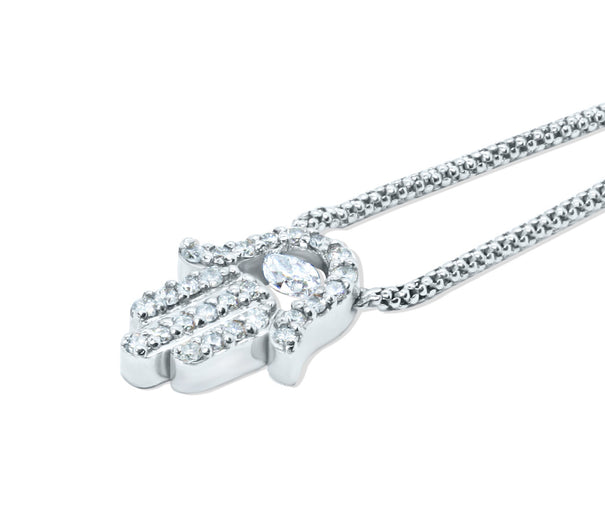 14K white gold diamond hamsa with diamond eye in the center