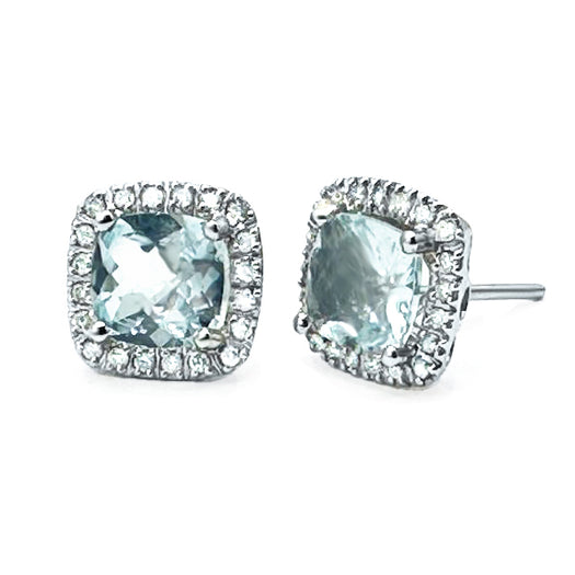 Cushion-Shaped Aquamarine and .. CT Diamond frame stud earrings