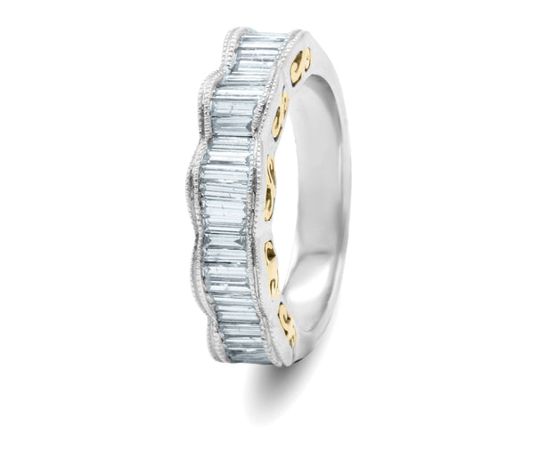 14k w/g Baguette Diamond Wedding Band with Millgrain design